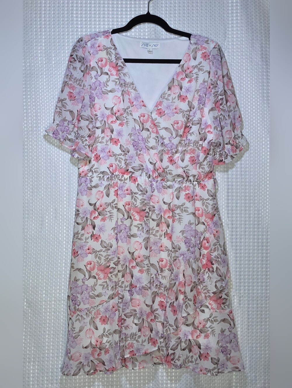 Pastel Floral Wrap Dress Romantic Feminine Ruffle Sleeve Garden Party Dress L - Picture 3 of 14